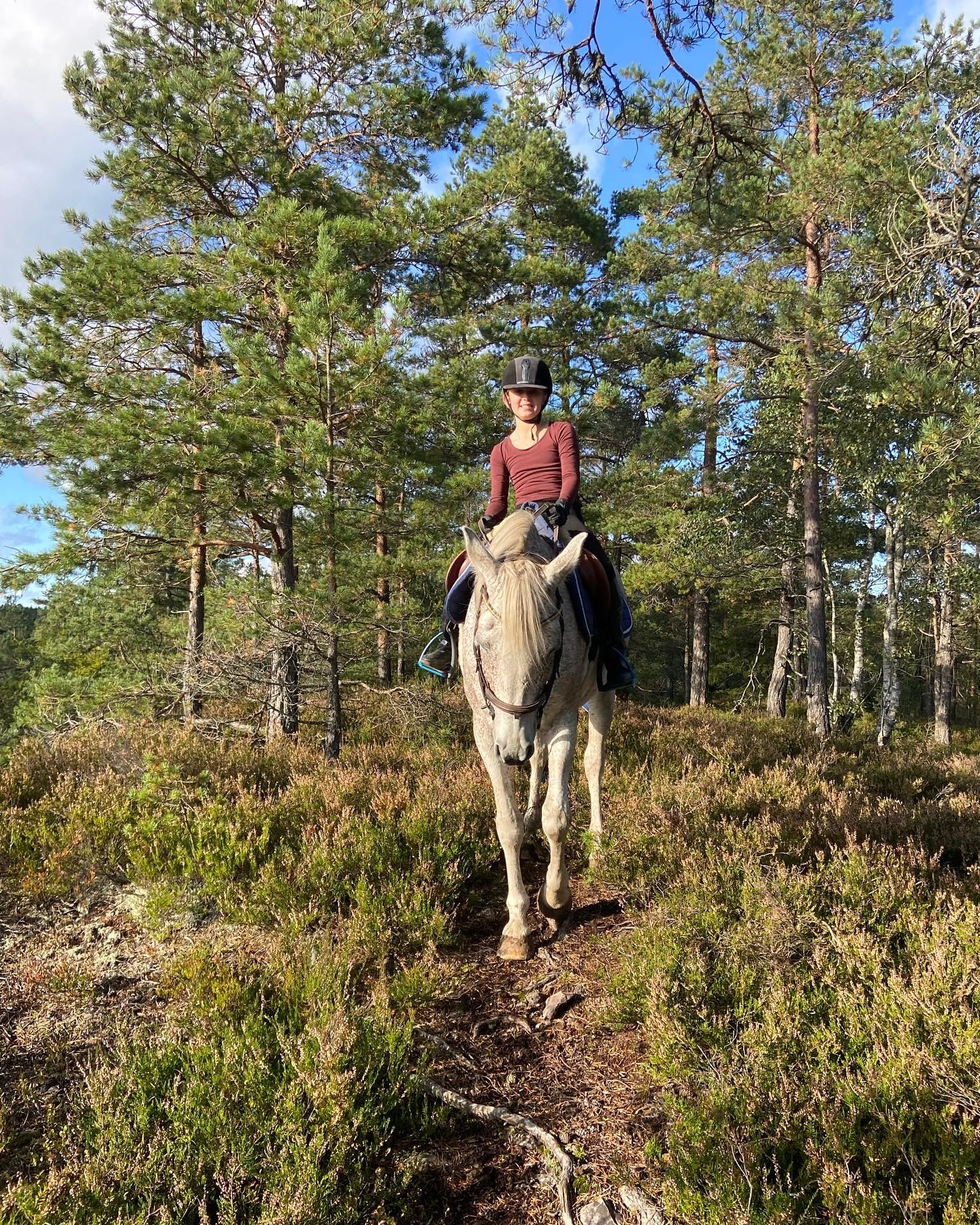 Barn som sitter på hvit hest på ridetur under "Trygg på hest"